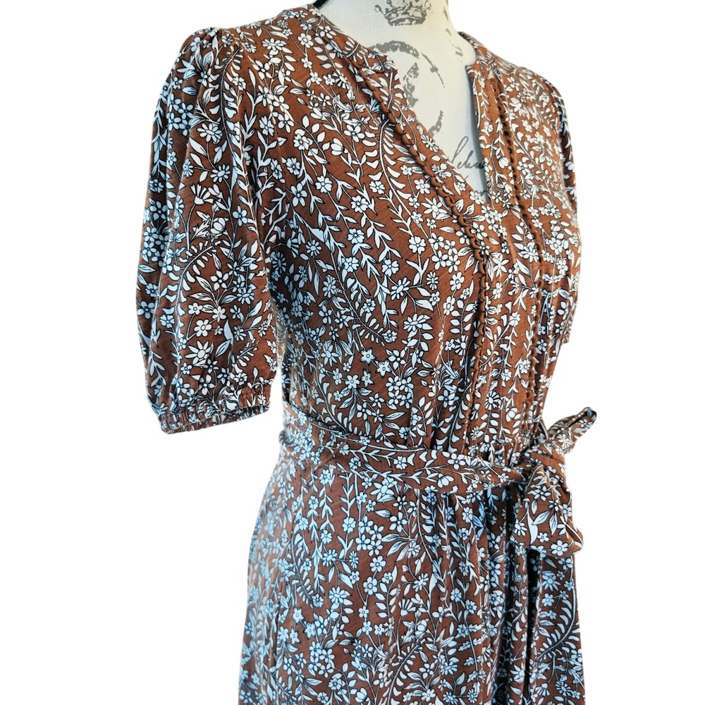 Boden Brown Floral Cotton Tencel Maxi Dress Puff Sleeve Tie Waist Size 4 - Picture 3 of 11